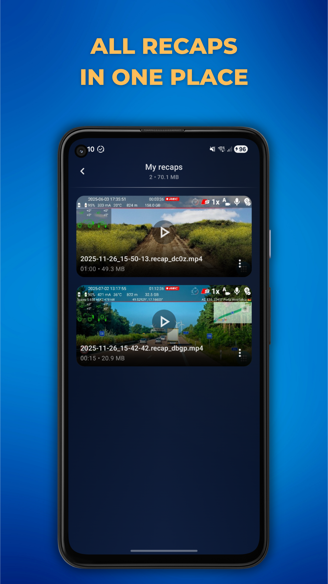 Video Recap maker screenshot showing recap videos generated from long footage