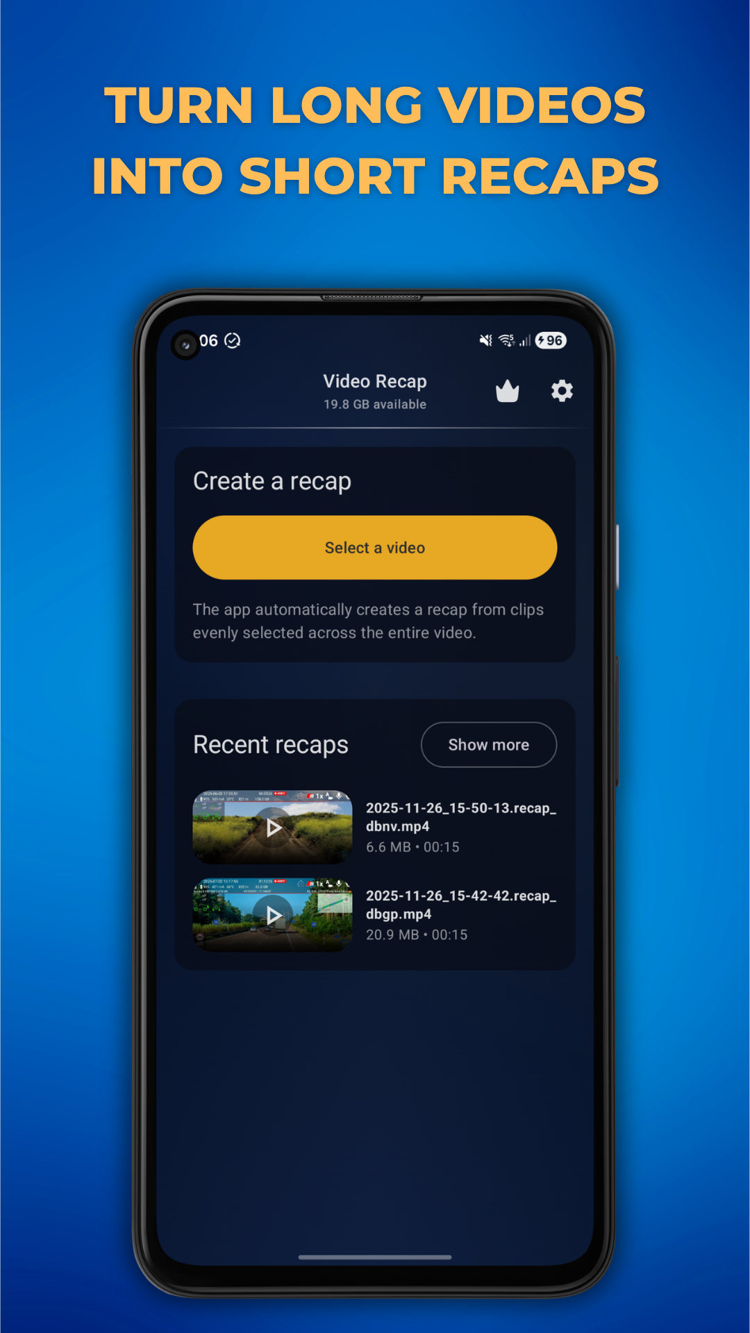 Video Recap shorts maker screenshot showing how to turn long videos into short recaps